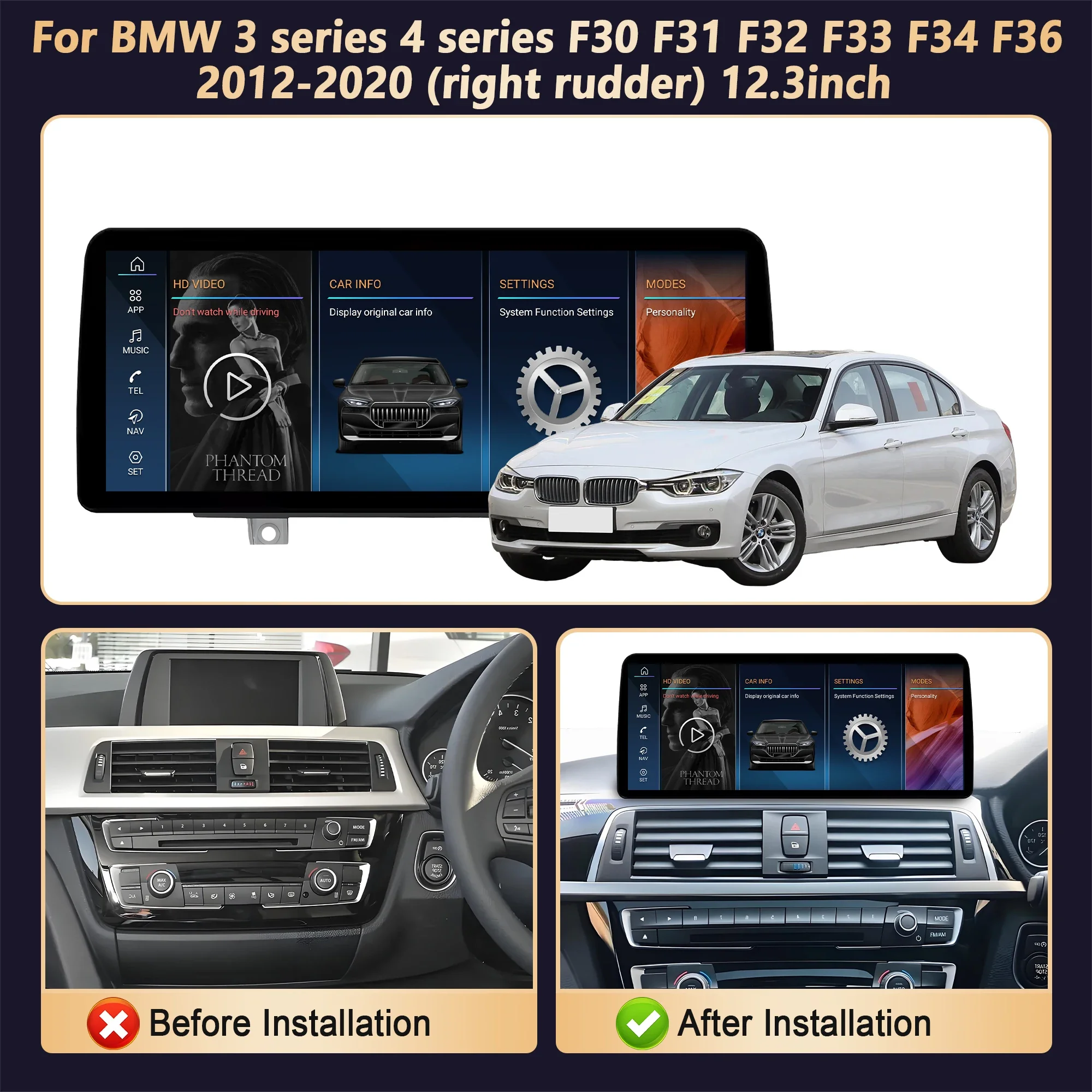 12.3'' Right Hand Drive Android 14 Radio For BMW 3 series 4 series F30 F31 F32 F33 F34 F36 2012-2020 Snapdragon 680 BT Carplay