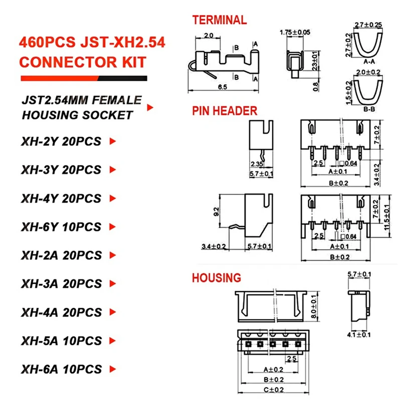 Conector JST PH2.0mm de paso xh2.54 mm, terminal de conector de base de carcasa de plástico, 2/3/4P, 460 piezas