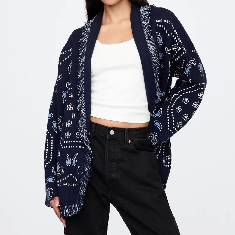 Kwastje Patchwork Gedrukt Vest Vrouwen Geometrische Patronen Riemen V-hals Lange Mouw Gebreide Straat Dame Trui 2025, Herfst Jas