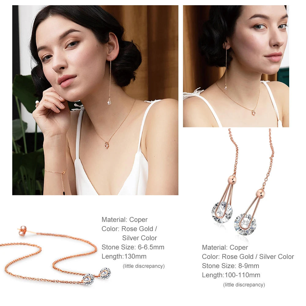 ZHOUYANG Chain Earring For Women 6mm Cubic Zirconia 11CM Length Ear Line Rose Gold Color Fashion Jewelry Gift ZYE549 ZYE100