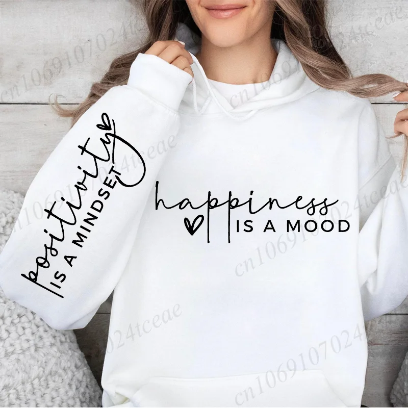 Le bonheur est une positivité d'humeur est un sweat-shirt avec conception de poignet, sweat à capuche d'affirmation positive avec chemises imprimées à manches