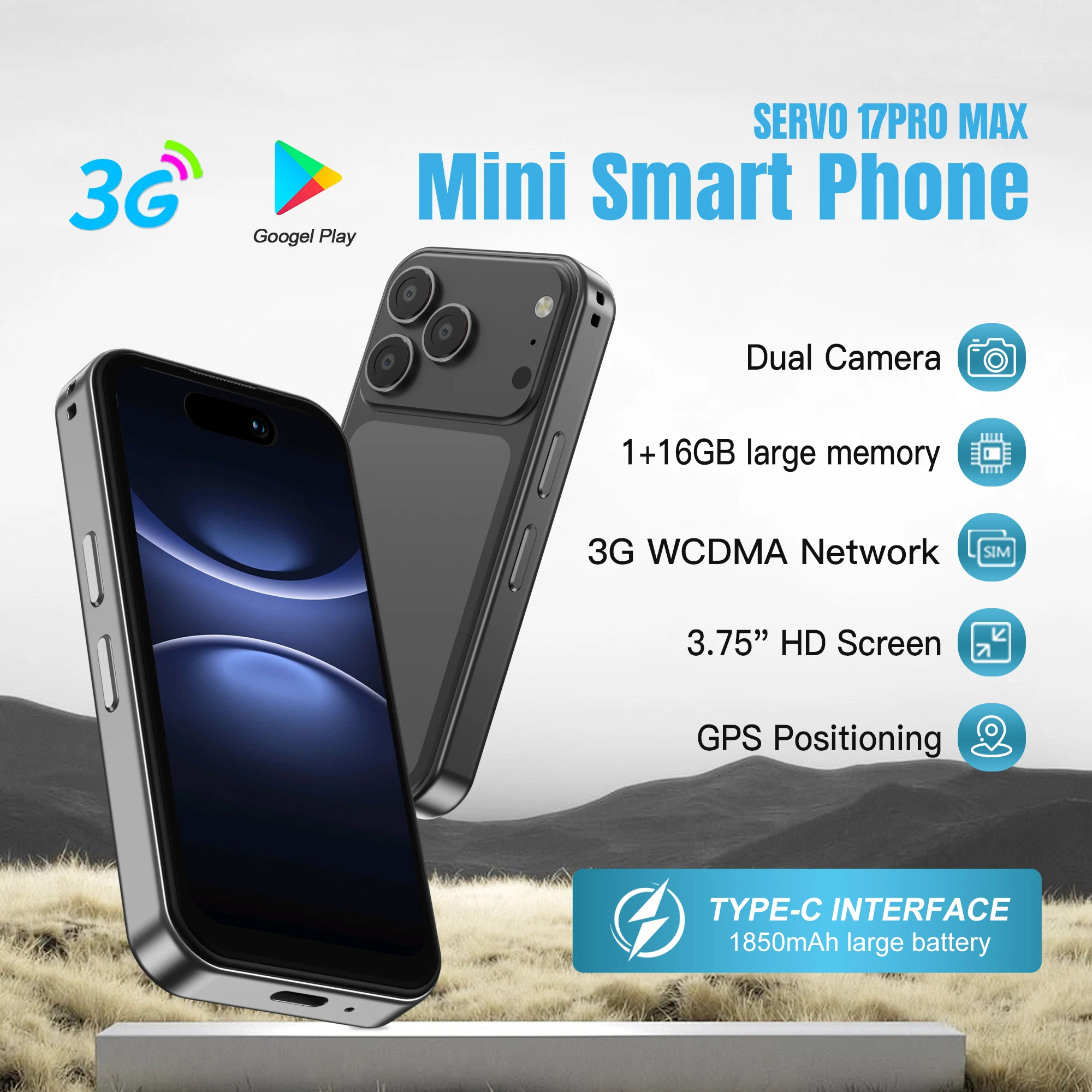 SERVO 17PRO MAX Android Mini Smartphone 3G WCDMA Dual SIM Card 16GB ROM Play Store WiFi Hotspot Face ID 3.75