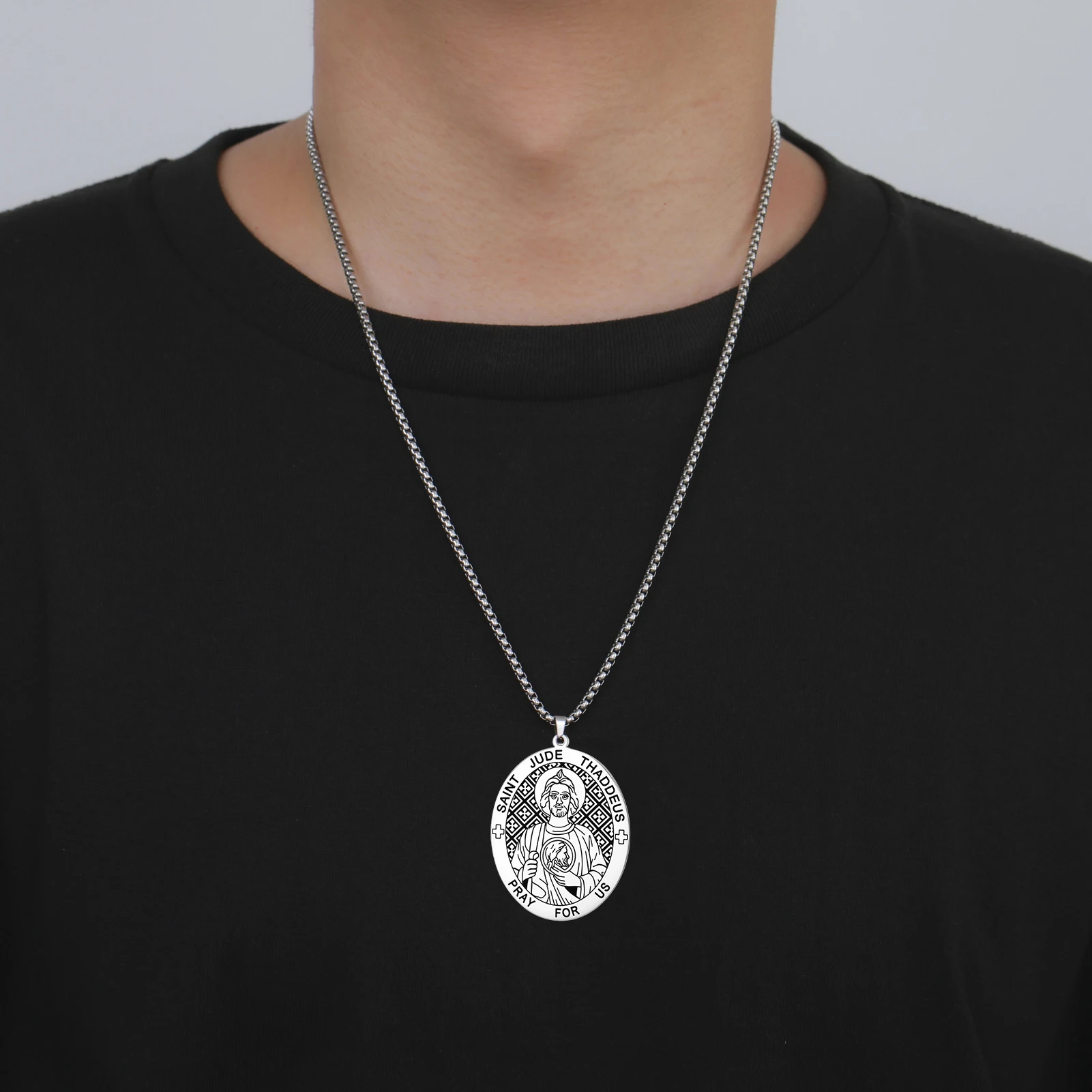 Kkjoy Heiliger Judas Thaddäus Schutzpatron-Halskette aus Edelstahl, doppelseitiges religiöses Amulett, Schmuckgeschenk für christliche Gläubige – Detail 10