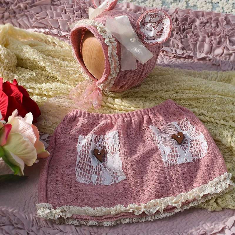 Ylsteed Pink Color Newborn Girl Photography Outfits Bow Bear Ears Hat and Heart Buttons Mini Skirt Set Infant Photography Props