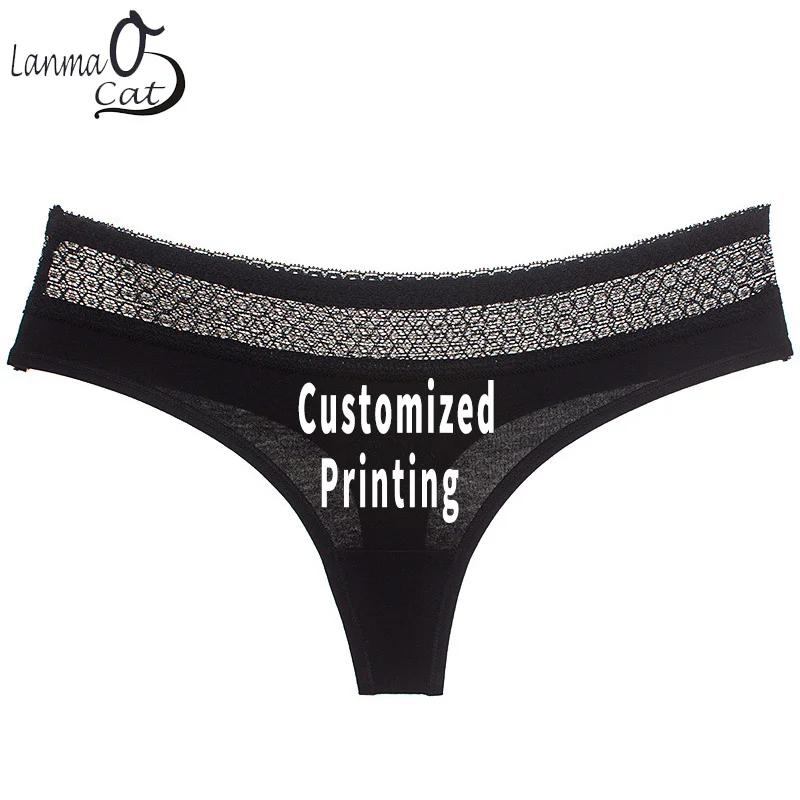 Text Picture Image Print Cotton Lace Underwear Women Sexy Custom Lace Thongs Underwear Printed Logo Cotton Lace G String Panty