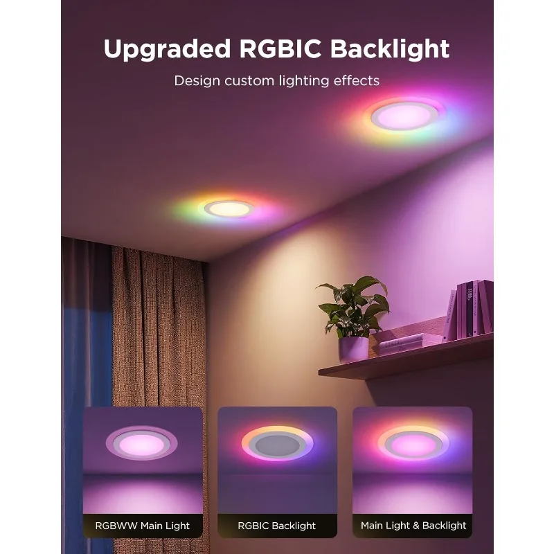 إضاءة ذكية مجوفة مقاس 6 بوصات، إضاءة RGBIC LED مع Alexa، Google Assistant، قابلة للتعتيم 1100LM #2