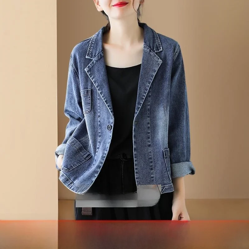 

High-End Women's Spring Autumn European Sle Outerwear Premium Quali ort Denim Jaet Commute Sle Slim Fit Long Sve