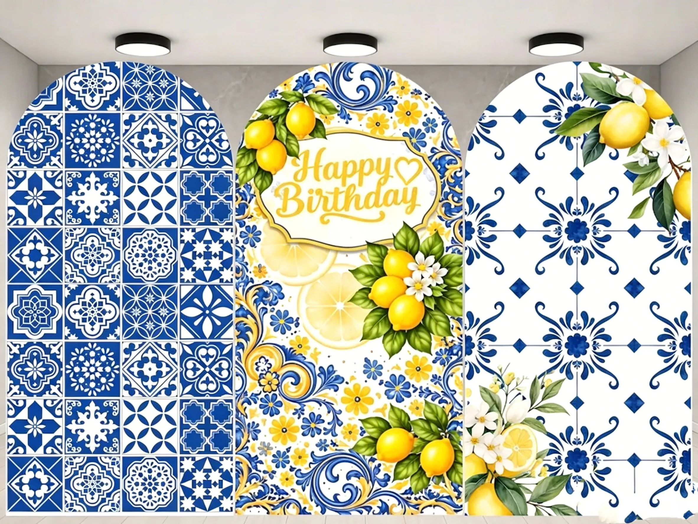 Custom 2-Side Lemon Blue Tiles Baby Shower Arch Backdrop Cover Flower Birthday Party Bridal Shower Decor Backdrop Photo
