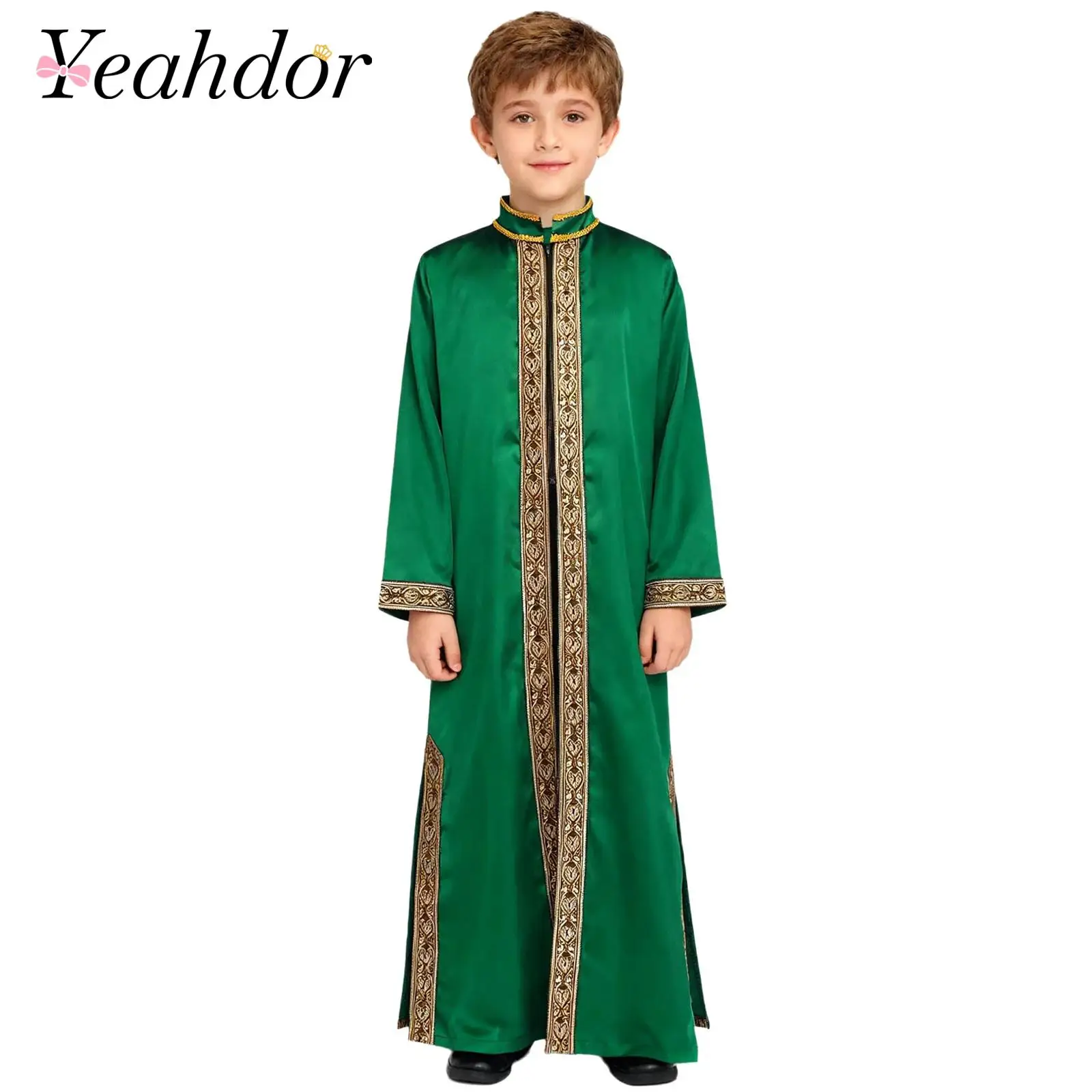 Boys Kaftans Arab Gown Long Sleeves Slit Zipper Muslim Thobe Gold Embroidery Maxi Islamic Robe Kids Festival Holiday Costume