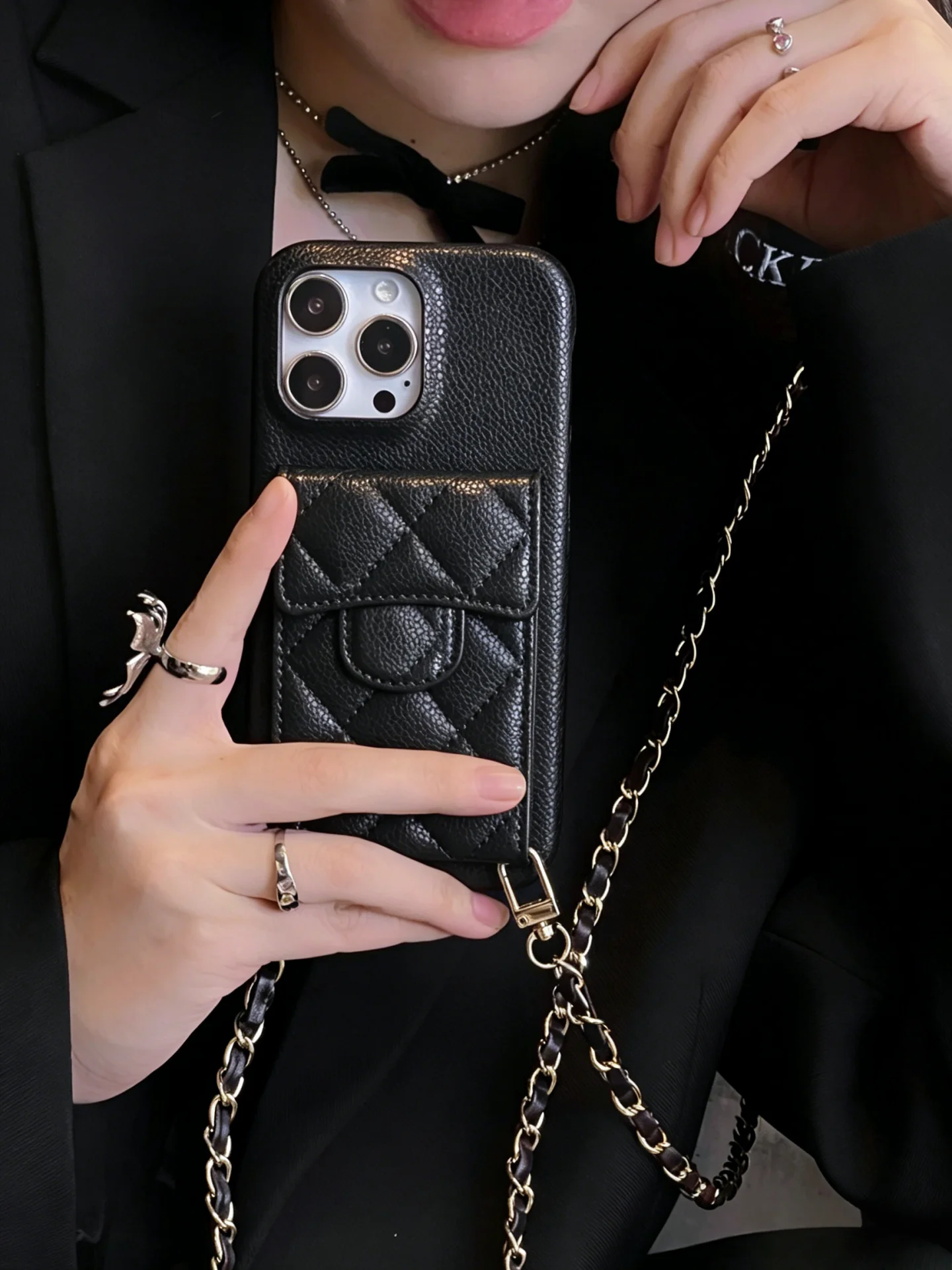 

Luxury Litchi Grain Caviar Quilted PU Leather Wallet Phone Case with Card Holder Crossbody Chain For iPhone 17 16 15 14 Pro Max
