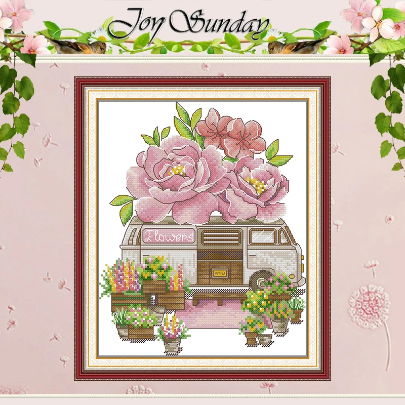 Flower Caravan Patterns Counted Cross Stitch Set DIY 11CT 14CT 16CT Stamped DMC Cross-stitch Kit Embroidery Needlework Crafts