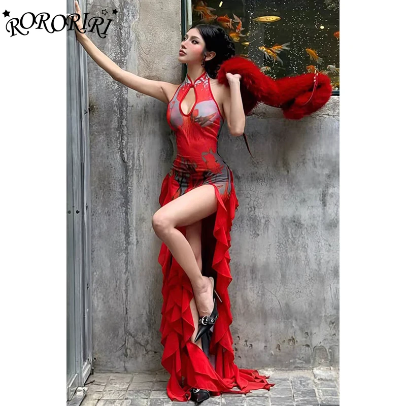 RORORIRI Y2k imprimé découpé rouge licou Cheongsam femmes épaules dénudées dos nu à volants fente Maxi robe longue Sexy vêtements néo-chinois