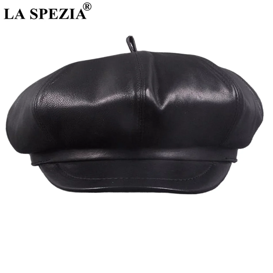 

LA SPEZIA Winter Newsboy Caps Berets Women Black Real Leather Octagonal Hat Ladies Genuine Leather Autumn Classic Painter Caps