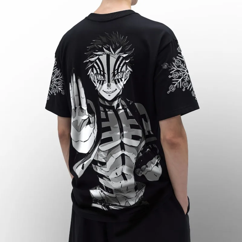 Demon Slayer Akaza Double Sided Print T-shirt, Oversized Black Tee, Monochrome Manga Anime Graphic Short Sleeve