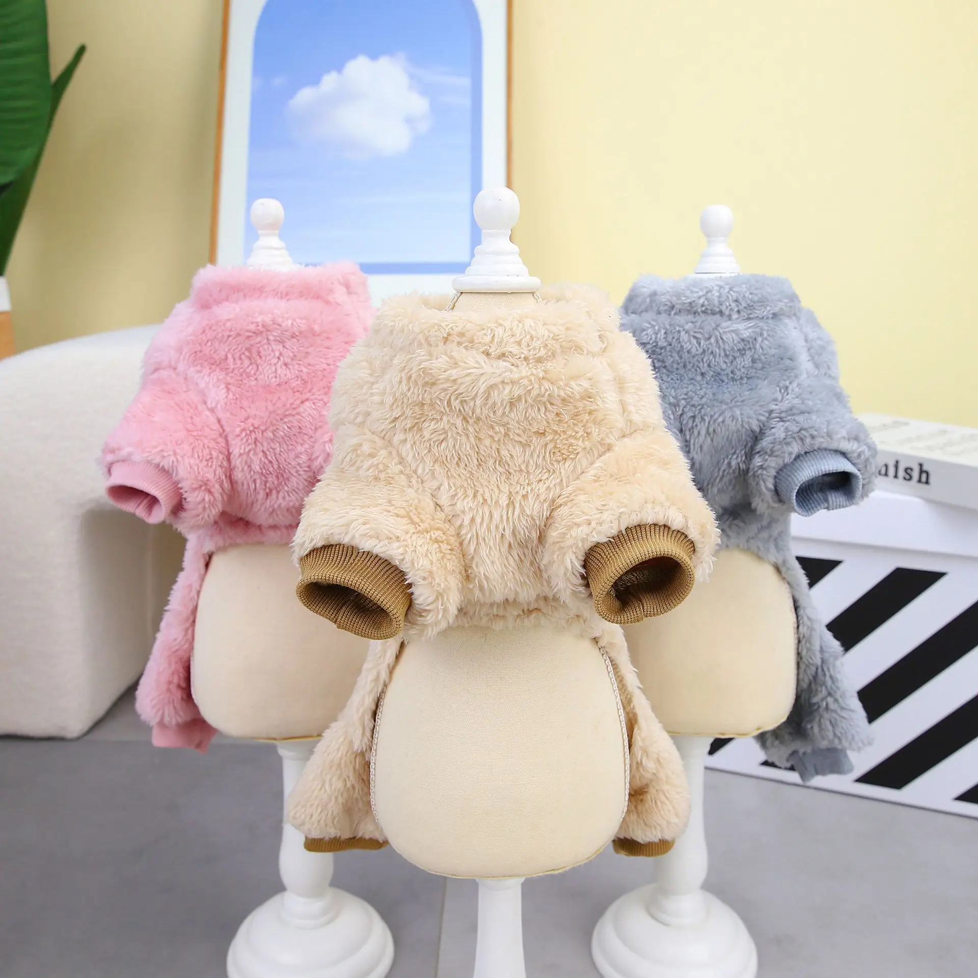 Autumn and winter pet dog four-legged plush clothes crown with small size dogs Teddy Bichon traction buckle pure color clothing