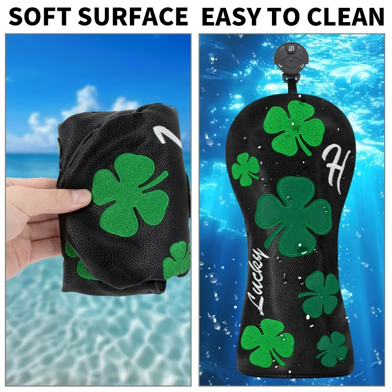 Deep Black Four-Leaf Clover Golf Putter Head Cover - Lucky Charm Design with Green Clovers & White Four-Leaf Clover image 6