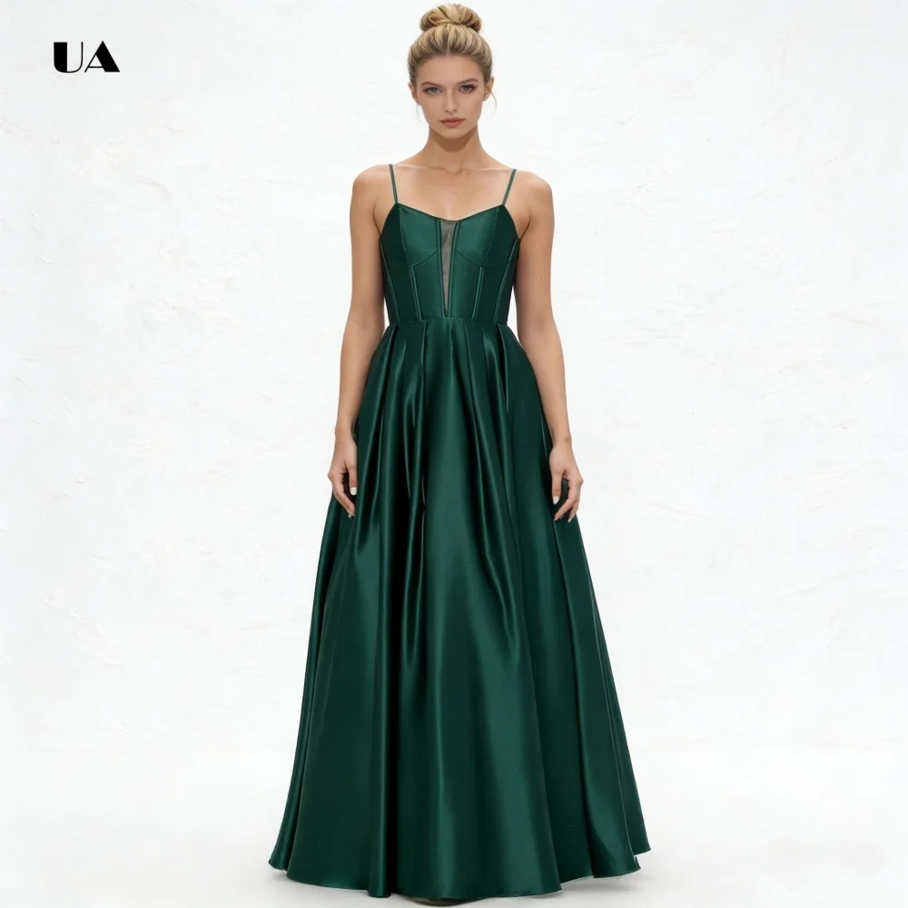 ULBYANRY Schlichtes A-Linien-Abschlussballkleid mit Spaghettiträgern, solides Satin-Abendkleid mit V-Ausschnitt und transparenten Details, individuelles Partykleid