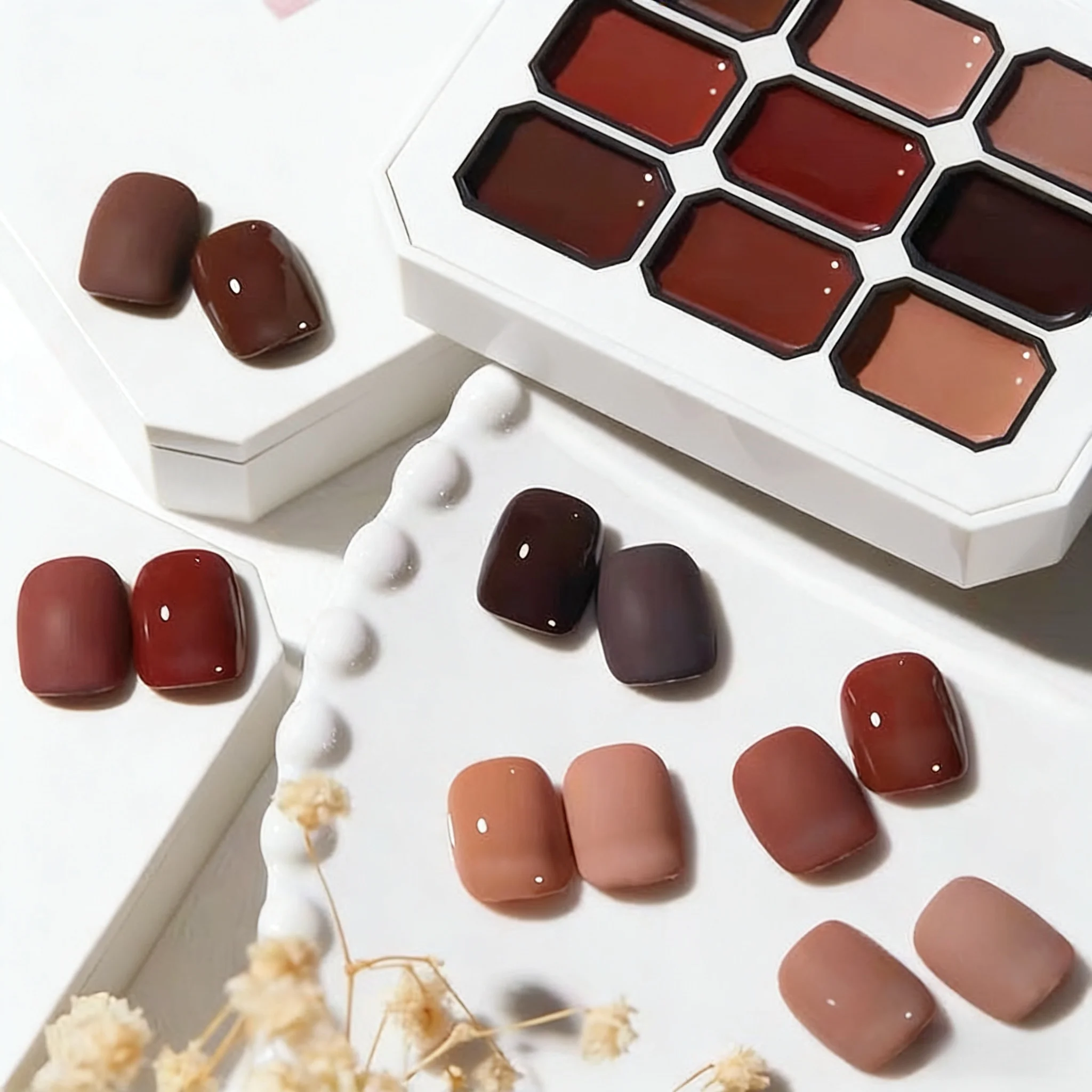 9 Farbtöne Retro Karamellbraun Solid Cream Gel Palette Sonnenuntergang Ölgemälde UV Soak Off Gel mit kostenlosem Nagelpinsel für Herbst-Winter Nagelstudio – Detail 4