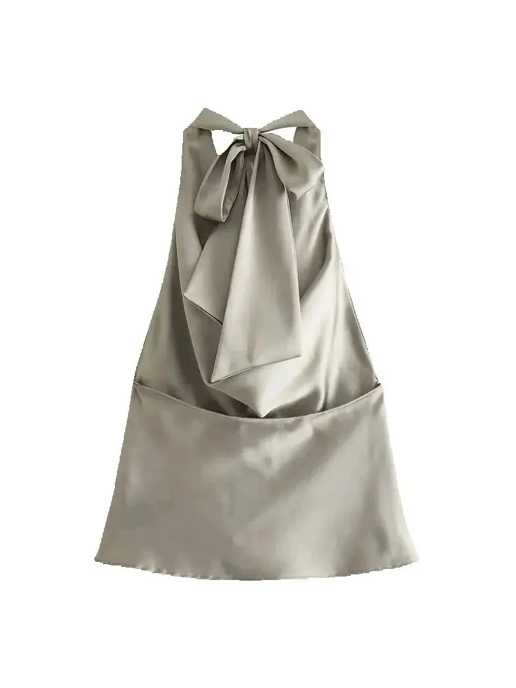 TRZA-Women's Flowing Draped Halter Neck Tank Tops With Bow Tied, Backless, Sleeveless, Female Camis, Sexy, Fashion image 3