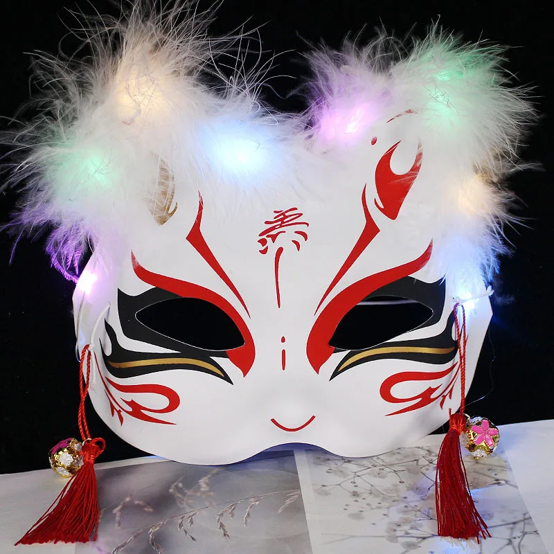 Luminous LED Fox Mask Japanese Cosplay Flashing Glow Dark Eye Mask Rave Costume Anime Half Face Cat Masks Masquerade Party Props