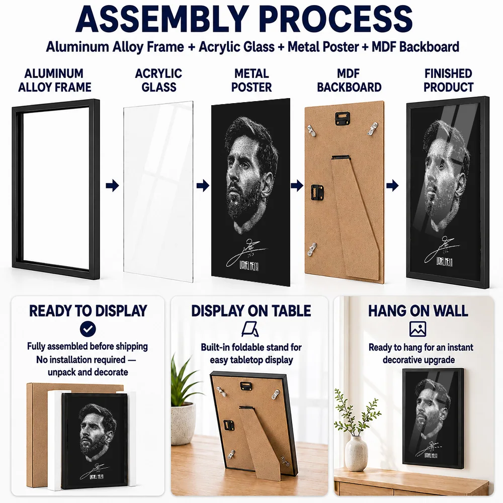 Lionel Messi Portrait Metal Poster With Aluminum Alloy Frame Personalized Stipple Drawing Wall Art For Sports Memorabilia Room