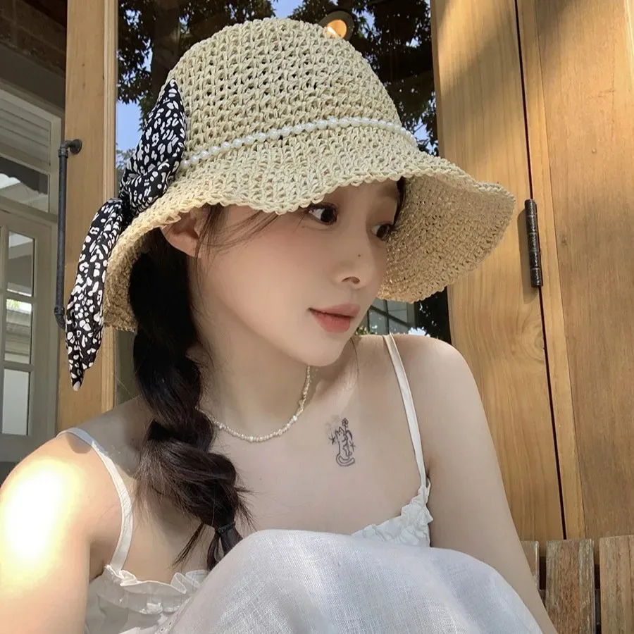 الصيف شاطئ القوس اللؤلؤ القش قبعة المرأة قناع قبعة بحافة صياد قبعة اليد النسيج بنما فتاة السفر شاطئ البحر الحماية من الشمس #4