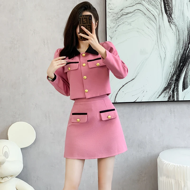 Real Shot in-Stock Autumn New Fashion Patchwork Chic Style Sweet Elegant Top and Short Skirt Two-Piece Set High Quality Fashion