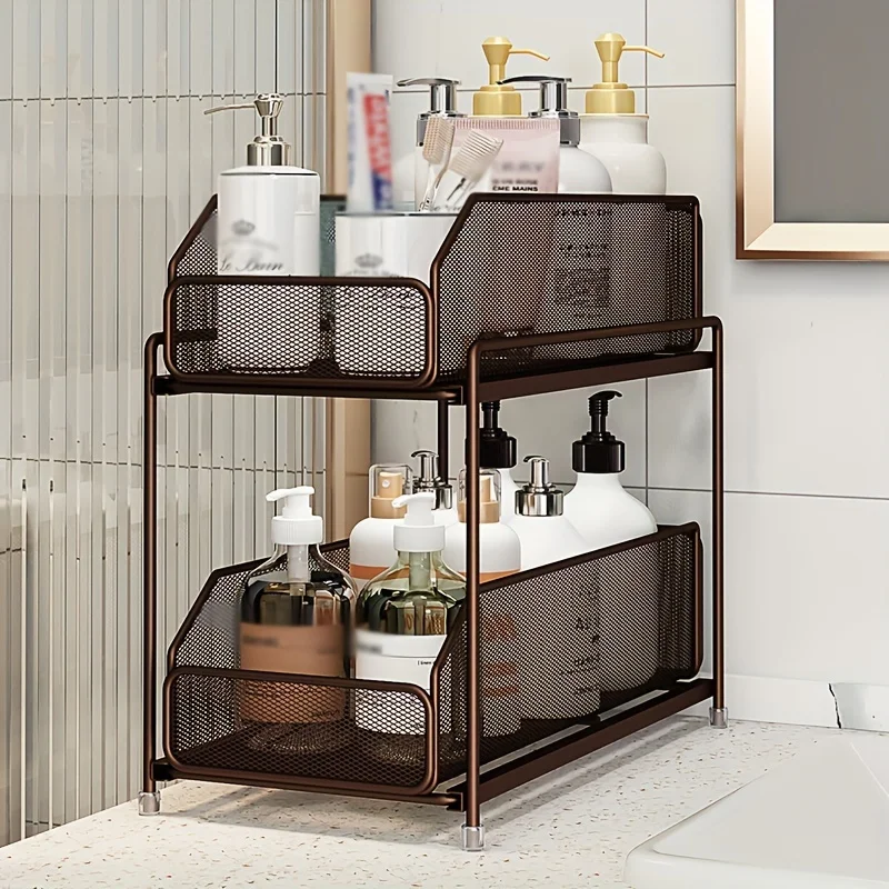

with Guardrail, Carbon Steel for Kitchen, Bedroom & Living Multi-Room Pull-Out Storage Rack 2-Tier - No Assembly Sliding Drawer