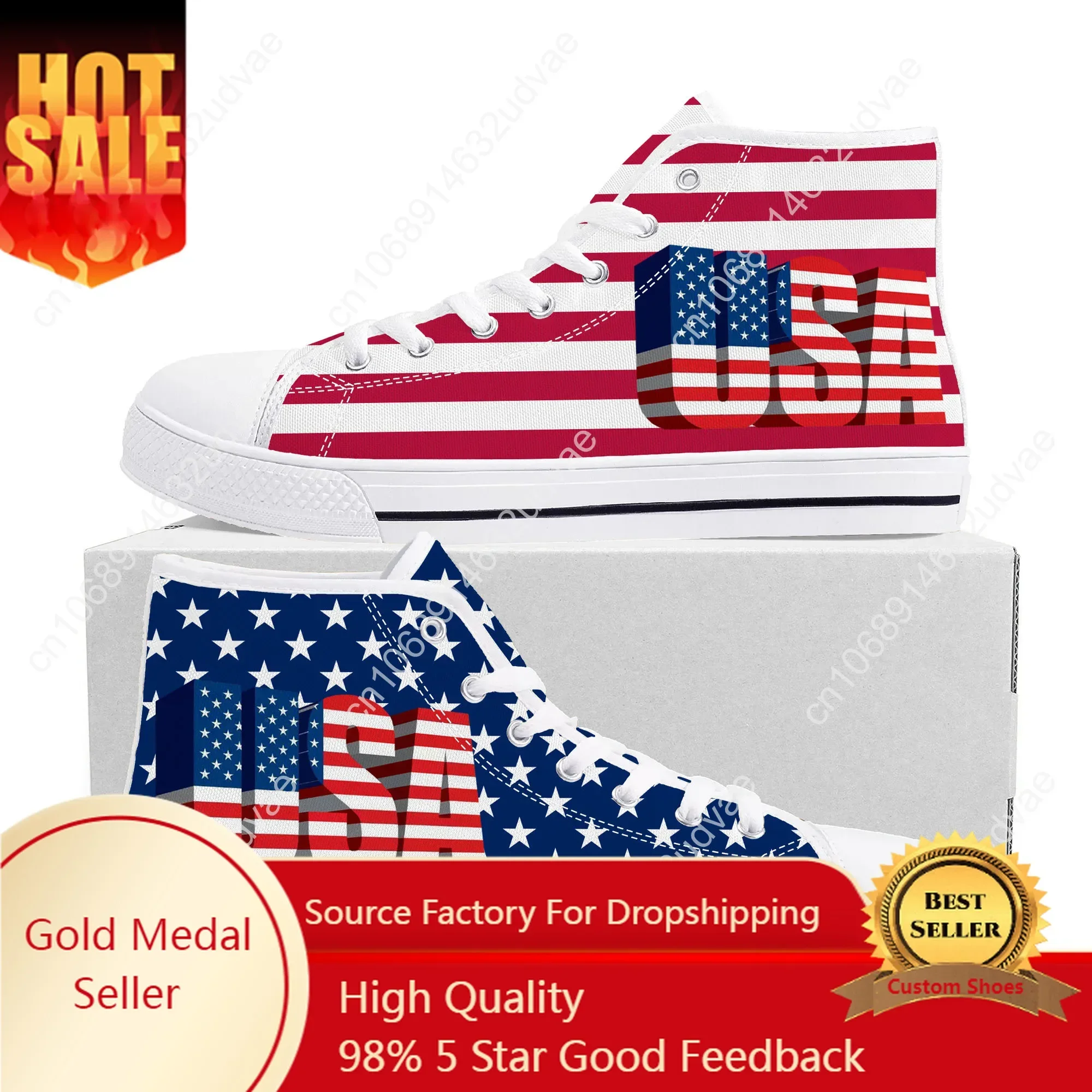 

USA Flag American Red Blue White Art High Top Sneakers Mens Womens Teenager Canvas Sneaker Casual Couple Shoes Custom Shoe