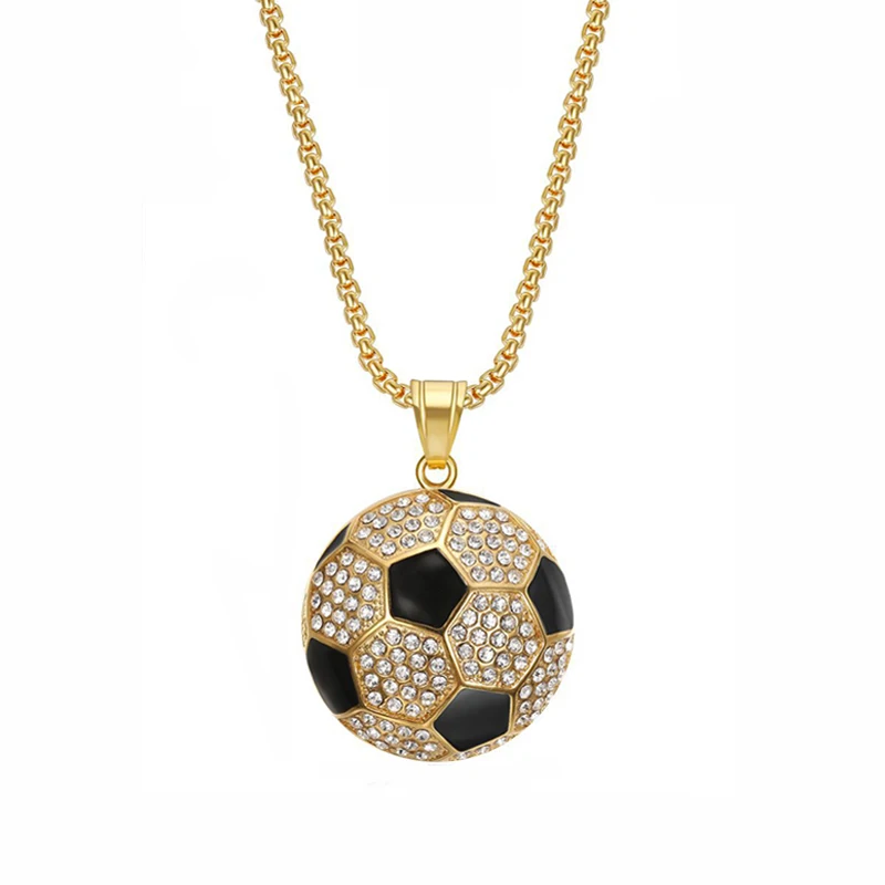 

Hip Hop Iced Out Bling Soccer Football Pendant Statement Male Gold Color Stainless Steel Sports Necklace For Women Men Jewelry