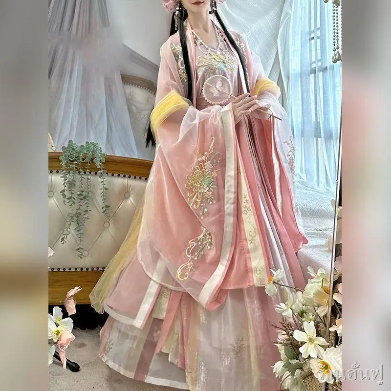 

Оригинальный костюм Ханьфу в стиле династии Сун: женская вышитая блузка с высокой талией, широкими рукавами и плиссированная юбка в одном комплекте.