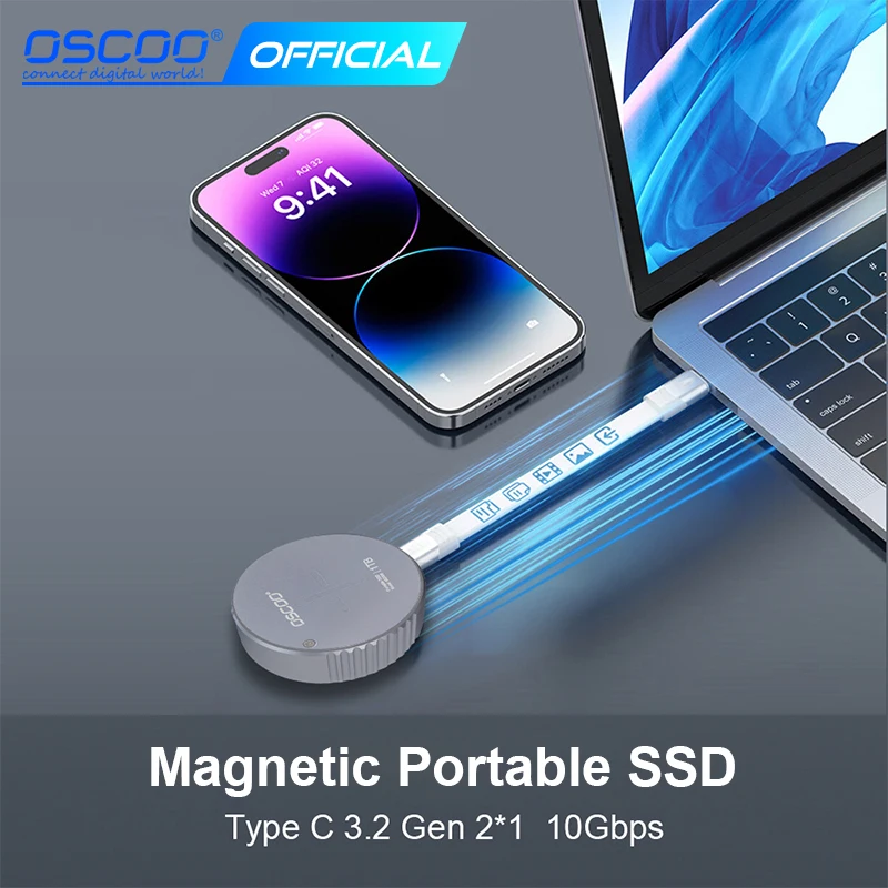 

Магнитный твердотельный накопитель OSCOO, портативный накопитель SSD для iPhone, iPad, MacBook, Windows, компьютеров, телефонов на базе Android для резервного фотографирования