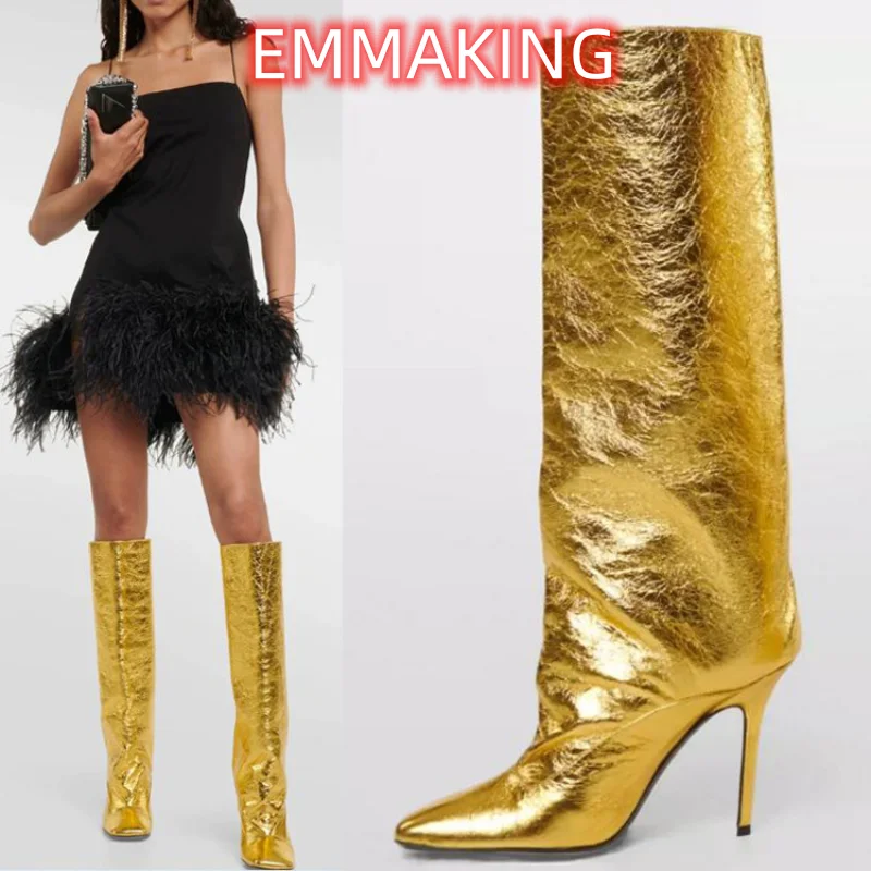 INS المتخصصة تصميم الانزلاق على شخصية أحذية طويلة رئيس مربع رقيقة كعب فارس الأحذية المدرج مرحلة الأداء أحذية النساء كبيرة الحجم