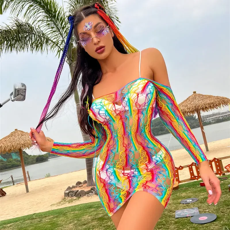 ใหม่มาถึงแฟชั่นสาว Babydolls teddies เซ็กซี่ Bodycon ไนลอน Rainbow Mini Dress เปิด Crotch เสื้อผ้าของเล่น 18 + ชุดชั้นในเซ็กซี่