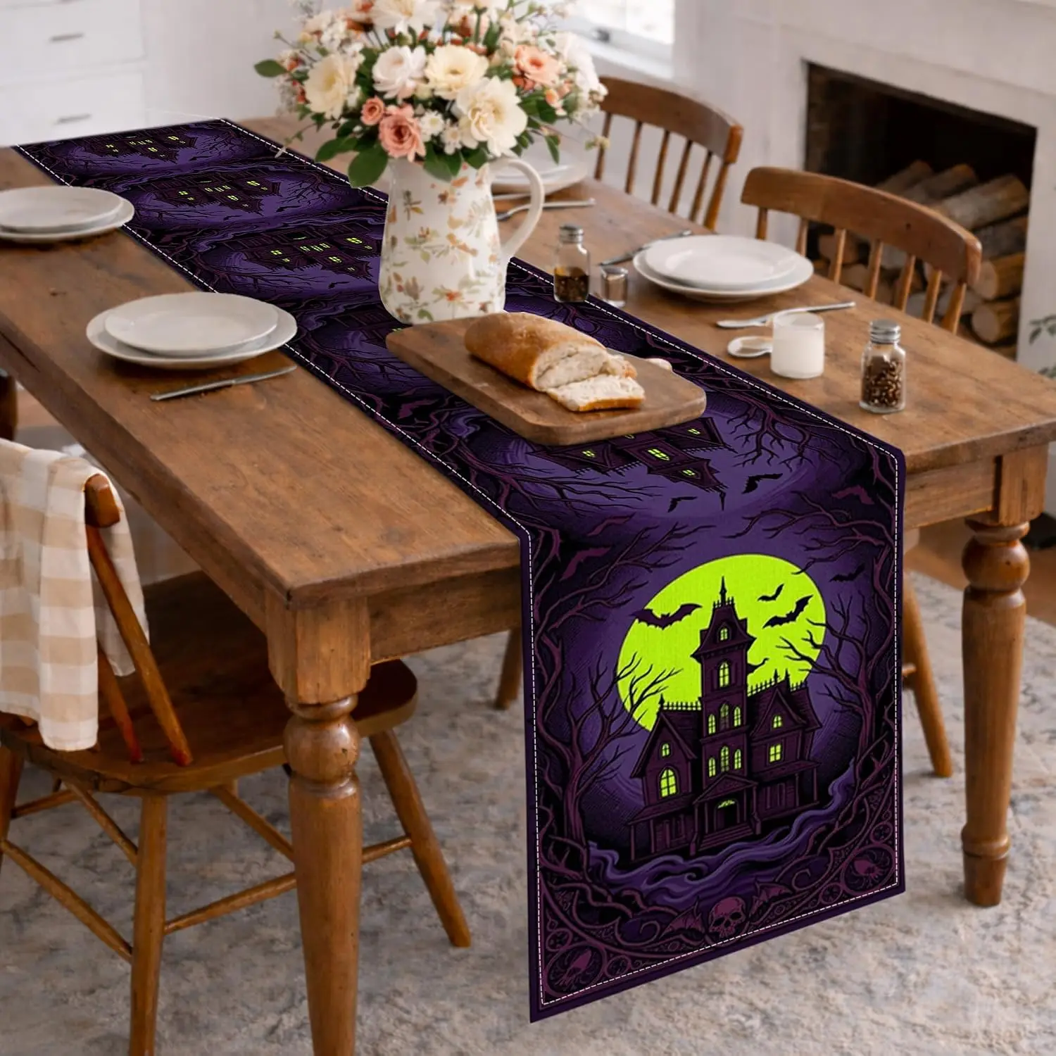 Halloween Haunted House Spooky Gothic Castle Linen Table Runner Home Decor Reusable Kitchen Dining Table Runners Halloween Decor