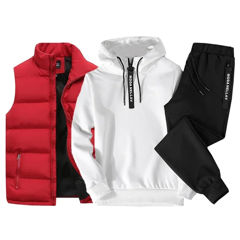 Mens Tracksuit Suits Half zip Hooded Sweatshirt+Waterproof Down Vest+Sweatpants 3 Piece Set 2024 New Winter Warm Casual Clothes