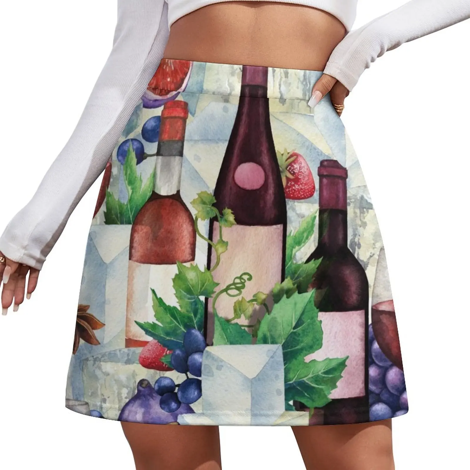 

Watercolor wine glasses and bottles decorated with delicious food Mini Skirt luxury designer clothing women korean skirt