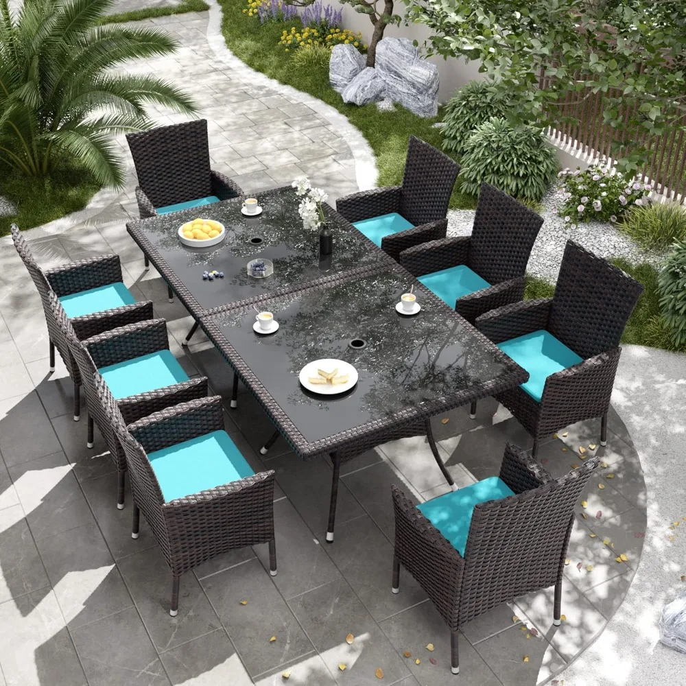 

10-Piece Patio Outdoor Dining Set, Patio Furniture Dining Sets of 8 Rattan Chairs and 2 Square Table with Umbrella Cutout