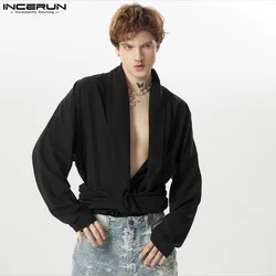 INCERUN 2024 Men's Irregular Shirt Solid Color Deep V Neck Long Sleeve Sexy Casual Men Clothing Streetwear Fashion Camisas S-5XL