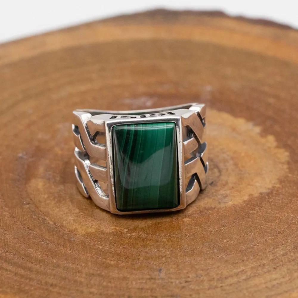 Wholesale Men Ring Base real 925 Sterling Rings Green Rectangle Malachite Stone Rings Men Silver
