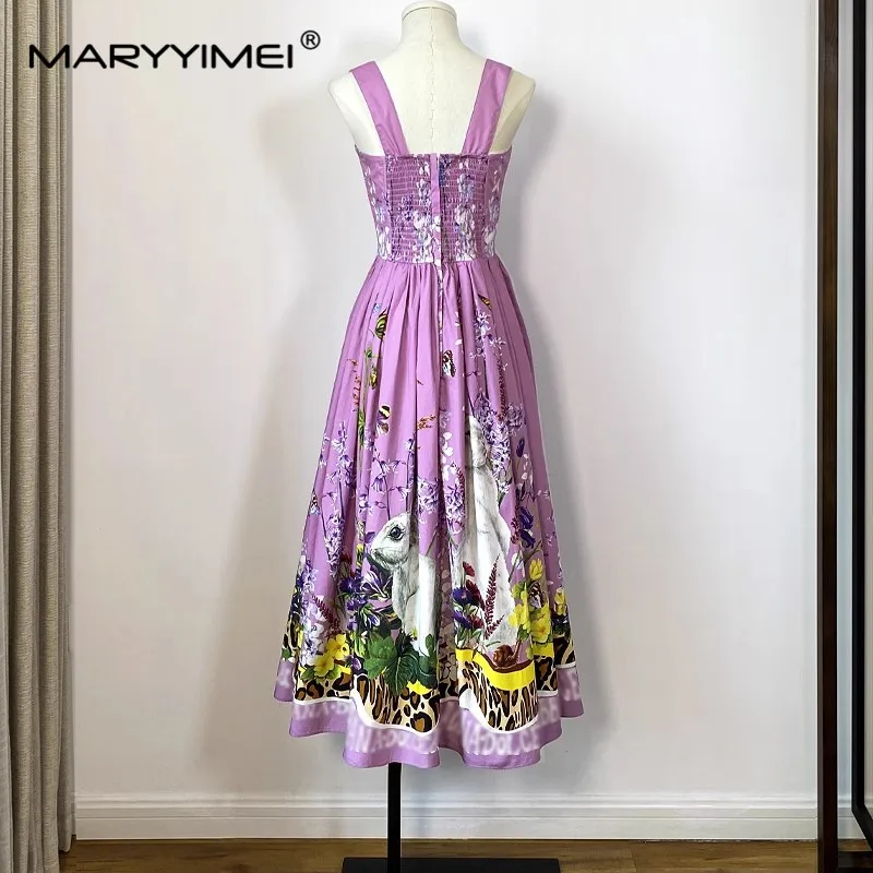 MARYYIMEI-Vestido de algodão estampado floral violeta feminino, alça de espaguete