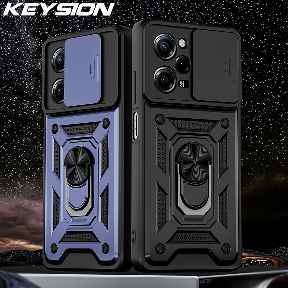 

KEYSION Shockproof Case for Xiaomi POCO X5 Pro 5G F4 X4 GT M5S Ring Stand Push Pull Camera Protection Phone Cover for POCO X5 5G