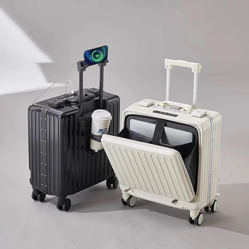 Front Opening Luggage with USB Cup Holder Suitcase Bag Aluminum Frame Travel Bag Phone Holder Small Suitcases Carry-on Trolley