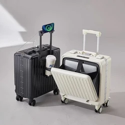 Front Opening Luggage with USB Cup Holder Suitcase Bag Aluminum Frame Travel Bag Phone Holder Small Suitcases Carry-on Trolley