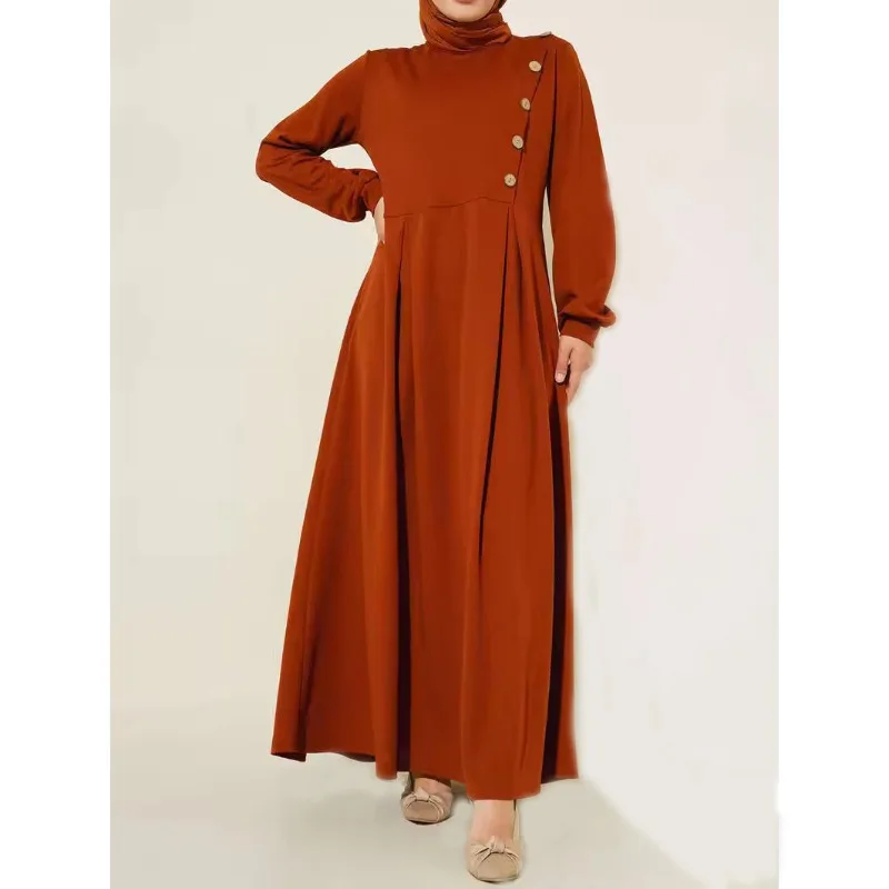 Middle East Muslim Women Long Sleeve Solid Color Dress Abaya Long Robe Elegant Islamic Fashion