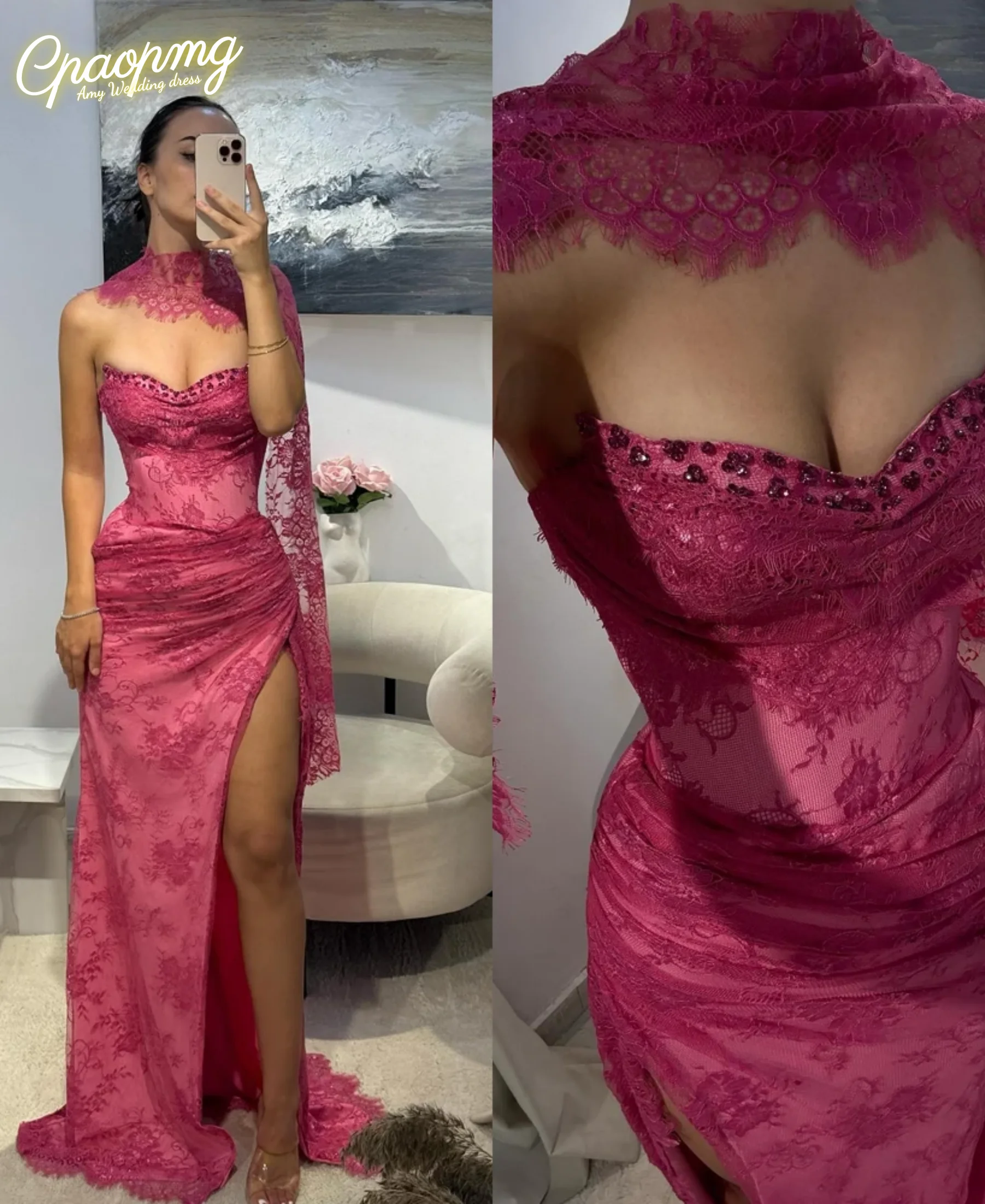 Customized Charming Sweetheart Graduation Dress for Women Lace Appliques Pleat Slit Rhinestones Vestidos De Fiesta