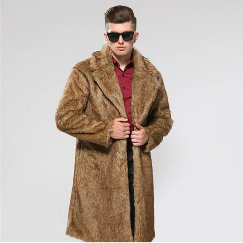 Luxury Brand Men Long Faux Fur Coat Thick Warm Long Sleeve Trench Coat Windproof Jacket Fur Coat Slim Korean Fashion Snowsuit