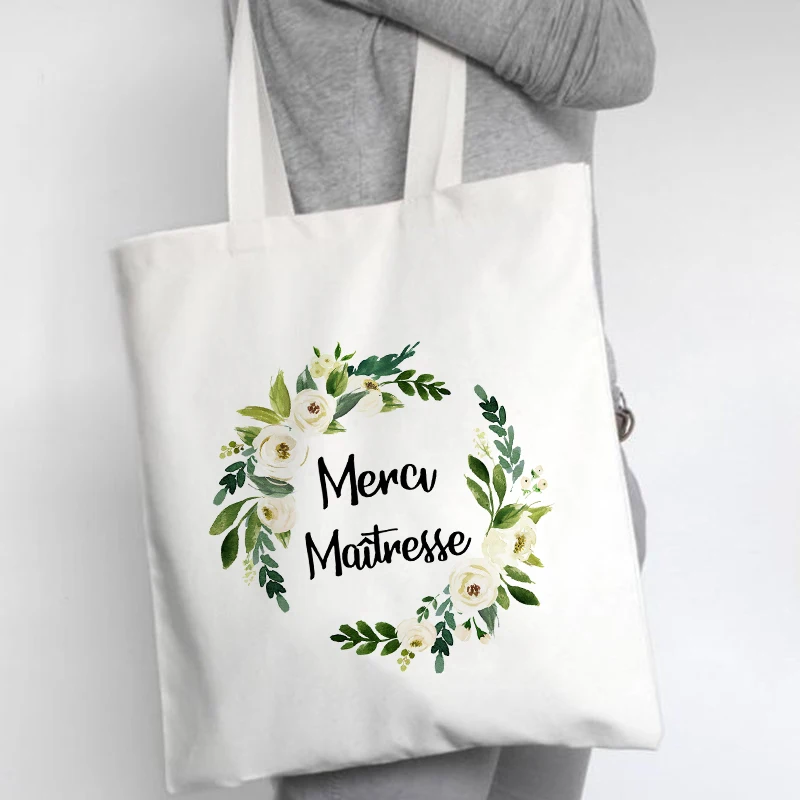 Bolso de hombro de lona con estampado francés para mujer, bolsa de viaje ecológica reutilizable, para guardar libros, regalos para profesores