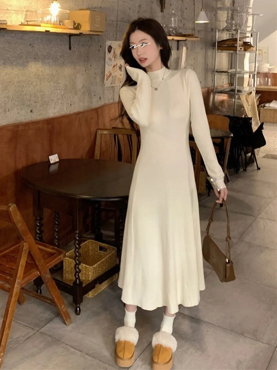 Vestido feminino de malha evasê emagrecedor em damasco francês elegante meia panturrilha semi-gola alta longo vestido de camadas quente para outono inverno