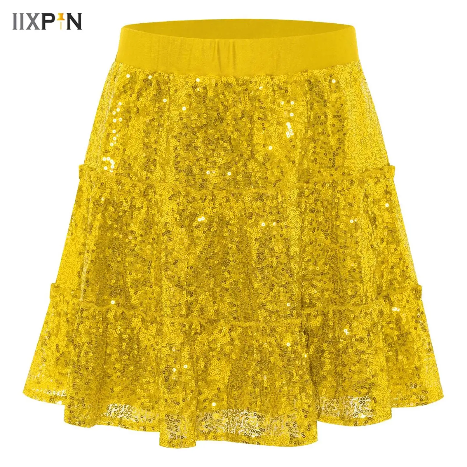 

Kids Girls Dance Skirts Elastic Waist Tiered Ruffle Sparkling Sequins Skirt with Lining for Birthday Party Stage Performance